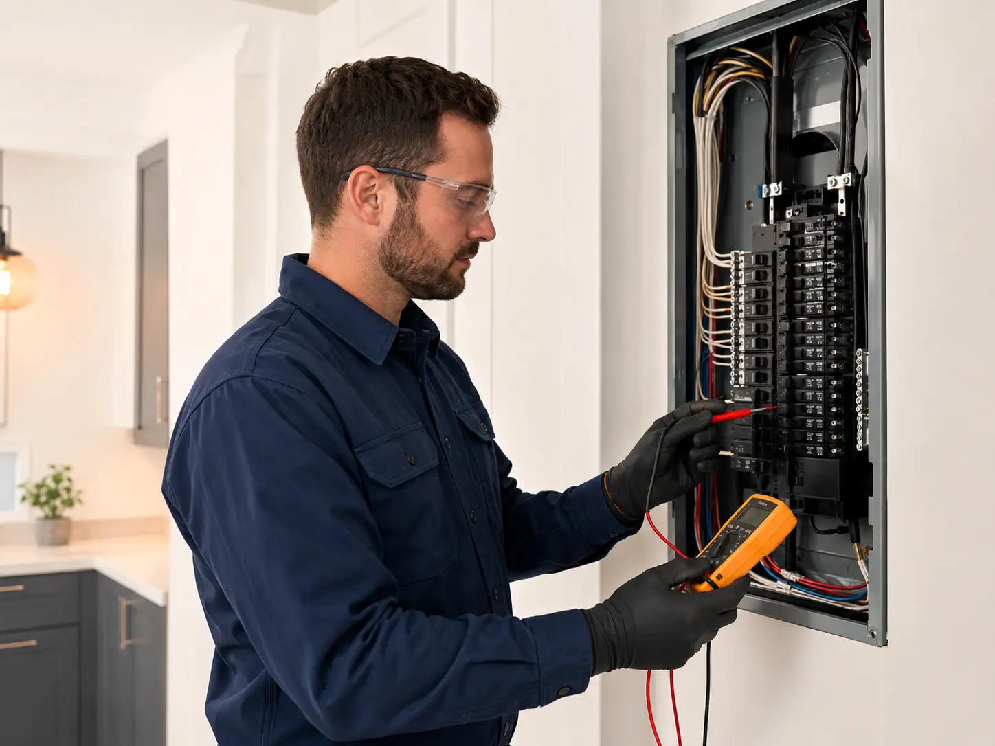 Professional electrician safely inspecting a residential electrical panel